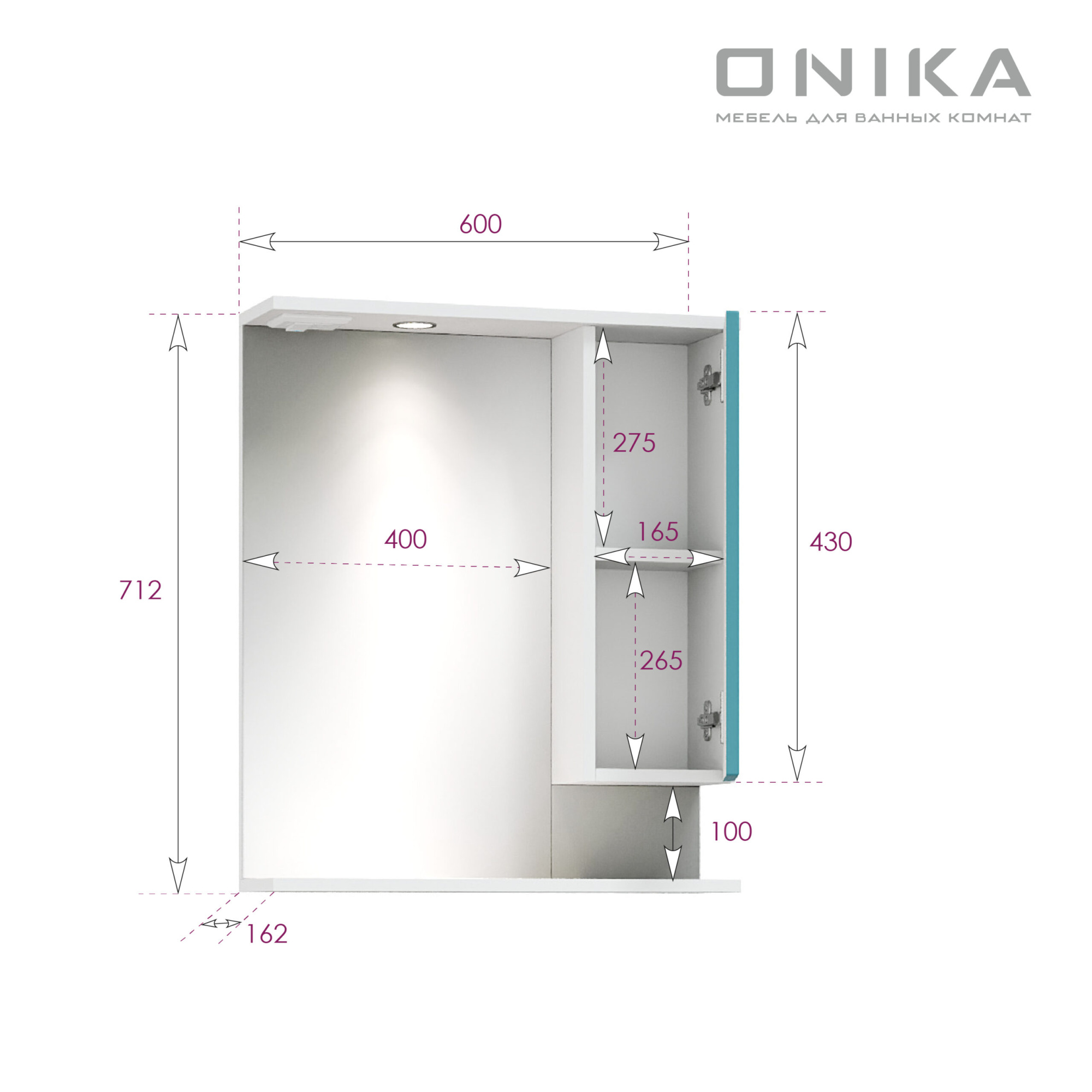 Шкаф зеркальный Onika Марви 60 см 206089 бирюзовый, белый с подсветкой