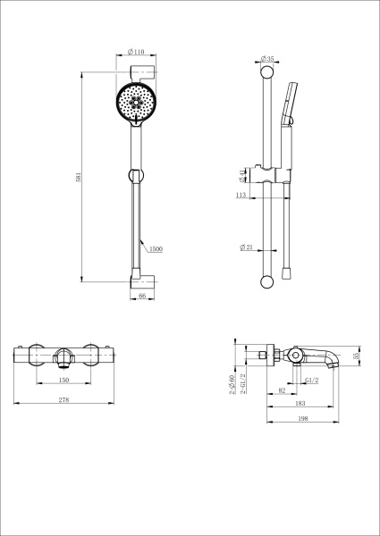 Смеситель для ванны с душем с термостатом и гарнитуром Wonzon & Woghand WW-C2006-A-MW белый матовый