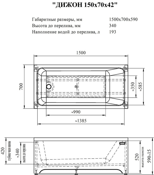 Ванна акриловая Radomir Дижон 150x70 2-01-0-0-1-262Р белая пристенная с каркасом