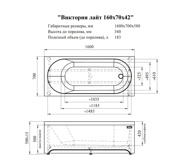 Ванна акриловая Radomir Виктория Лайт 160x70 2-01-0-0-1-258Р белая пристенная с каркасом