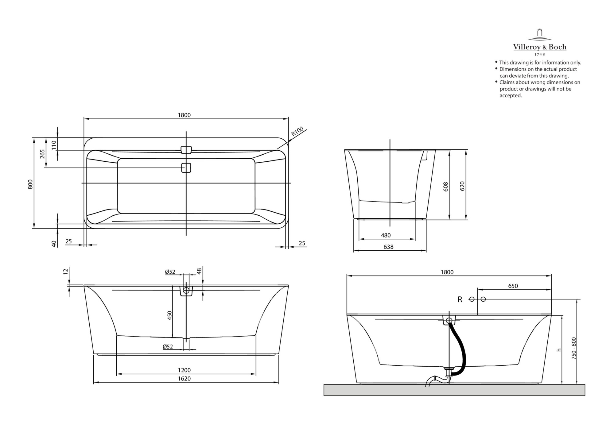 Ванна квариловая Villeroy & Boch Squaro Edge 12 UBQ180SQE7PDV-01