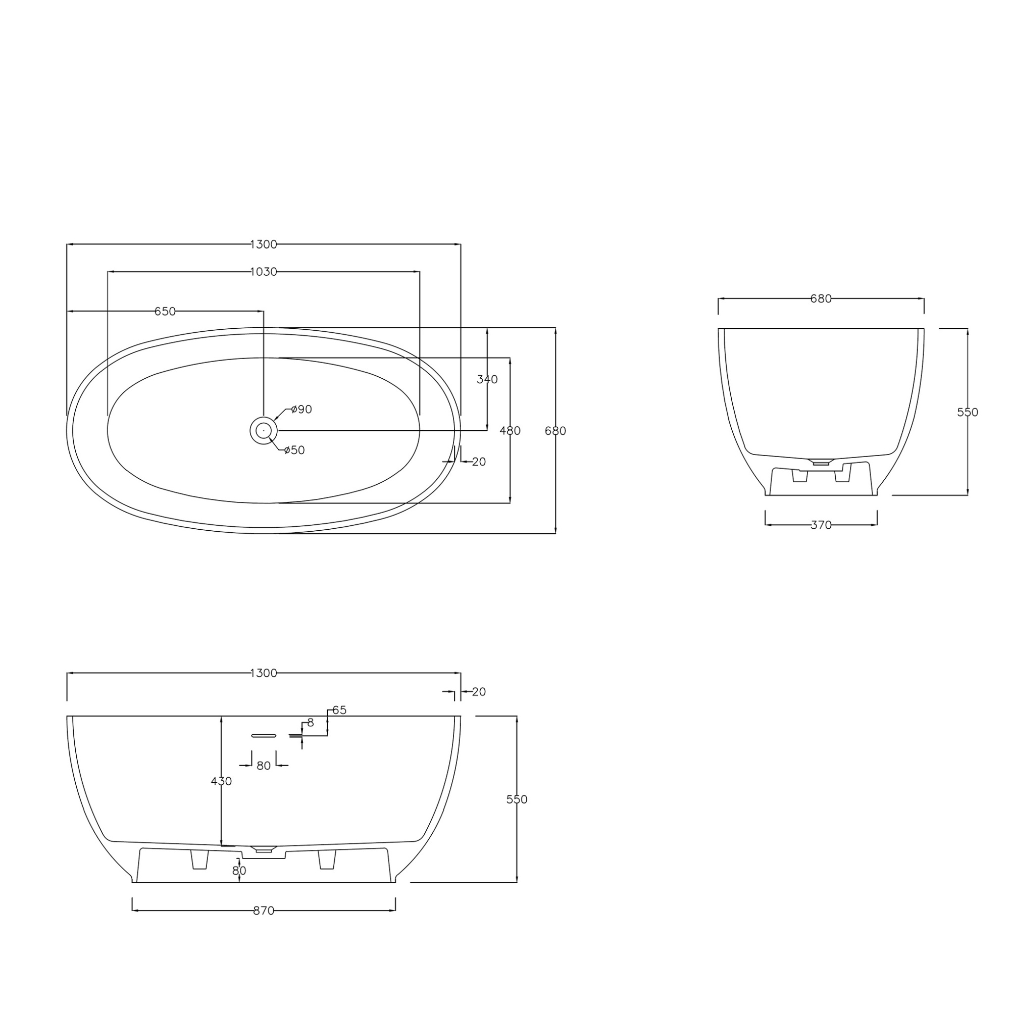 Ванна из искусственного камня Abber 130x70 см AS9641-1.3