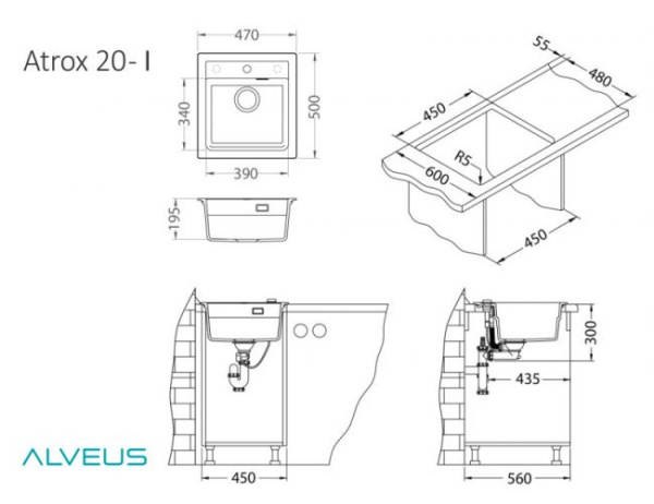 Мойка каменная 50x47 ALVEUS ATROX 1131990 черная Мойка каменная 50x47 ALVEUS ATROX 1131990 черная