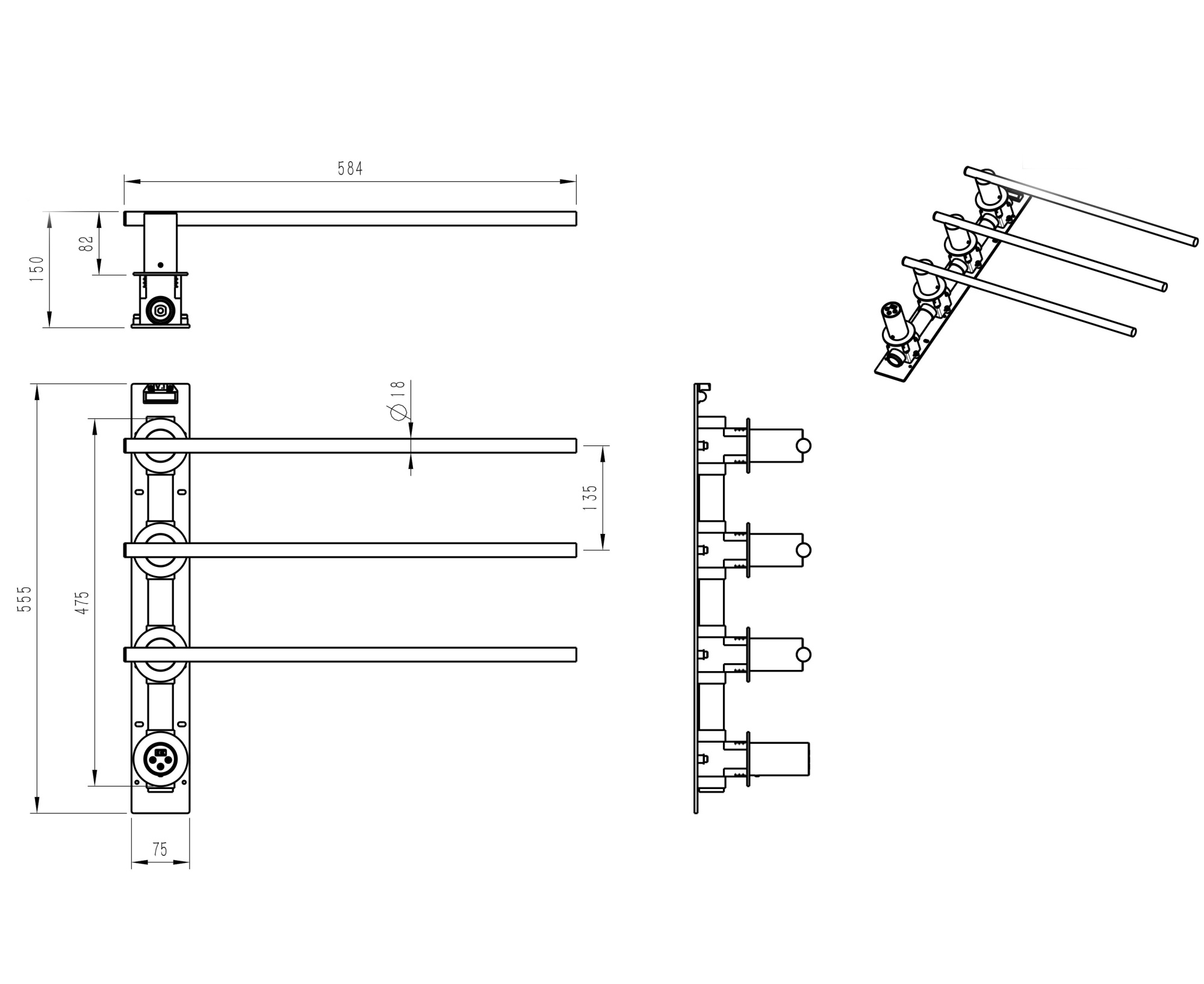Полотенцесушитель электрический Wonzon & Woghand Dortmund WW-A363-MB встраиваемый черный матовый