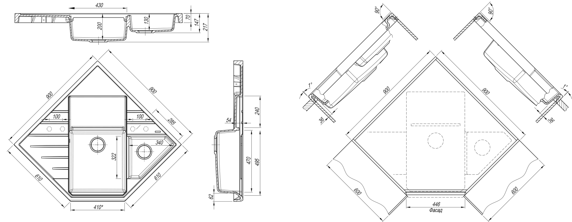 Кухонная мойка угловая 90x90 Florentina 20.375.J0900.302 Антрацит