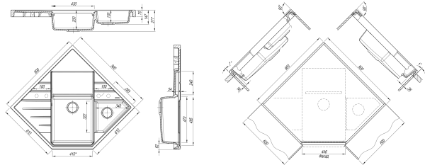 Кухонная мойка угловая 90x90 Florentina 20.375.J0900.302 Антрацит Кухонная мойка угловая 90x90 Florentina 20.375.J0900.302 Антрацит