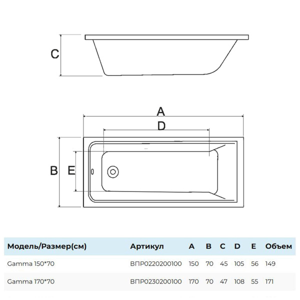 Ванна акриловая Alba Spa Gamma 150x70 см ВПР0220200100