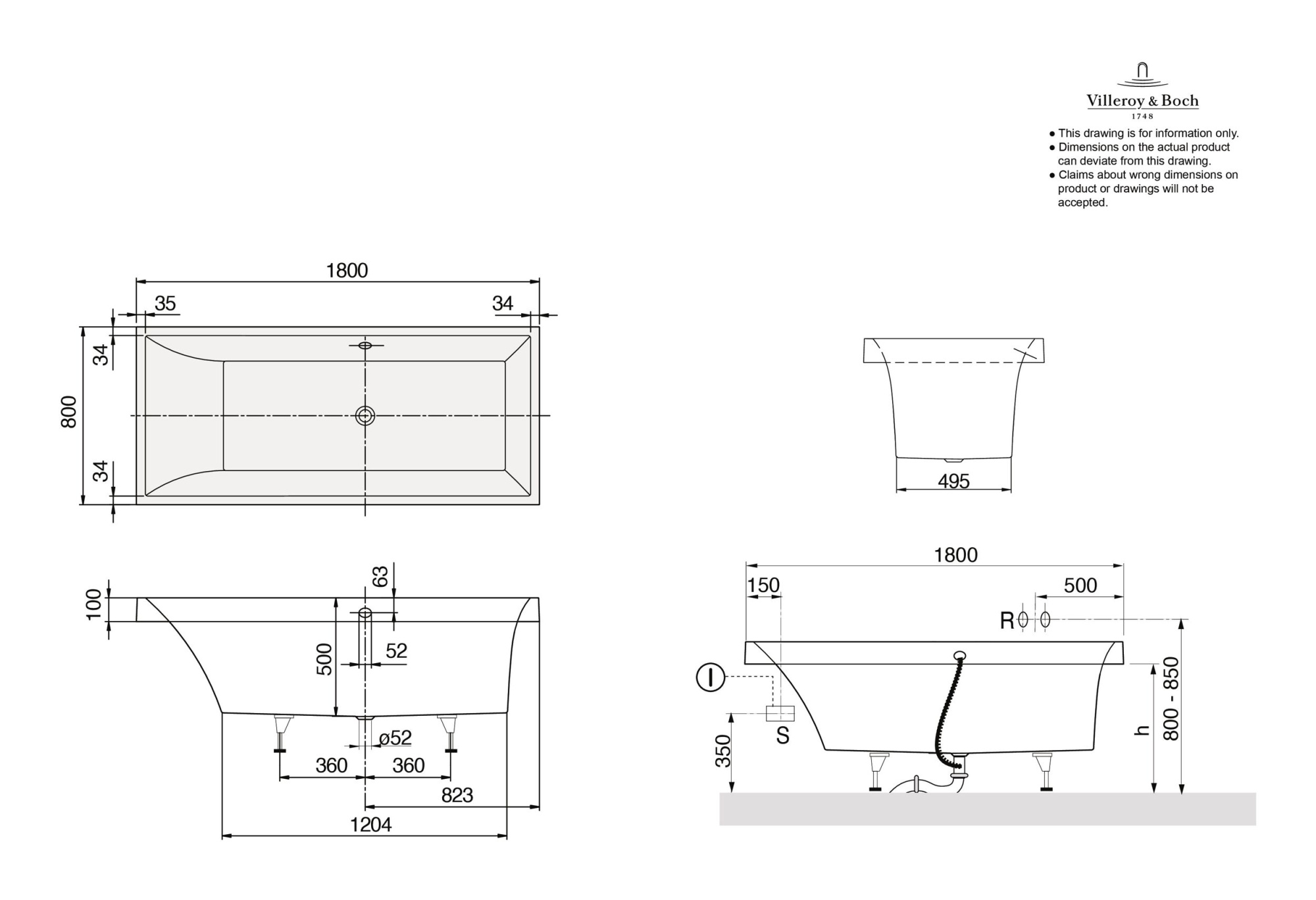 Ванна квариловая Villeroy & Boch Squaro UBQ180SQR2V-01