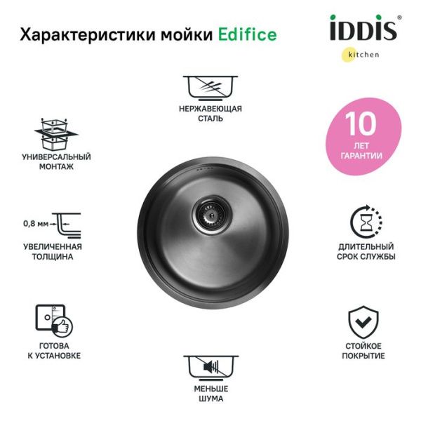 Мойка 42,5х42,5х18 см IDDIS Edifice EDI42G0i77 графит Мойка 42,5х42,5х18 см IDDIS Edifice EDI42G0i77 графит