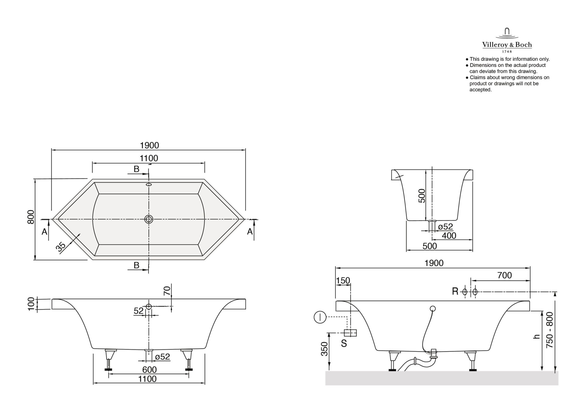 Ванна квариловая Villeroy & Boch Squaro UBQ190SQR6V-01