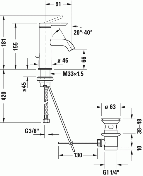 Смеситель для раковины с донным клапаном DURAVIT C.1 C11010001010 Смеситель для раковины с донным клапаном DURAVIT C.1 C11010001010