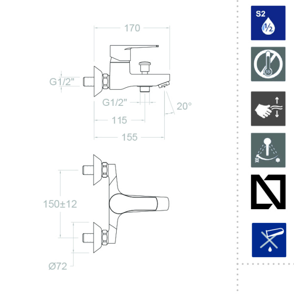 Смеситель для ванны Ramonsoler Titanium 1805S с душевой лейкой хром