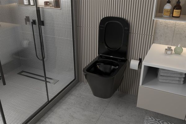 Унитаз подвесной безободковый ABBER Rechteck AC1201MB черный матовый с сиденьем Унитаз подвесной безободковый ABBER Rechteck AC1201MB черный матовый с сиденьем