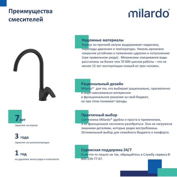 Смеситель для кухни черный матовый MILARDO Rora RORBL0JM05 Смеситель для кухни черный матовый MILARDO Rora RORBL0JM05