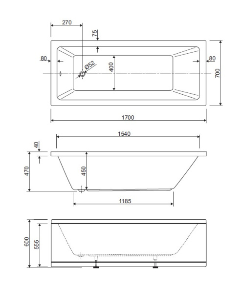 Ванна акриловая Cezares Plane Solo 170x70 PLANE SOLO-170-70-45-W37
