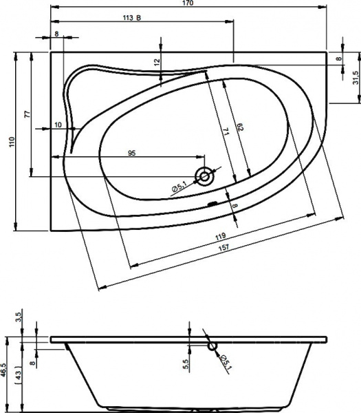 Ванна акриловая RIHO LYRA 170 R 170x110 BA6300500000000 Ванна акриловая RIHO LYRA 170 R 170x110 BA6300500000000