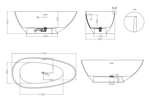 Ванна из искусственного камня Salini Paola 170х80 101512SM белая матовая