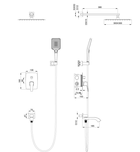 Душевой комплект встраиваемый Wonzon & Woghand Flex WW-88939072-BN никель брашированный