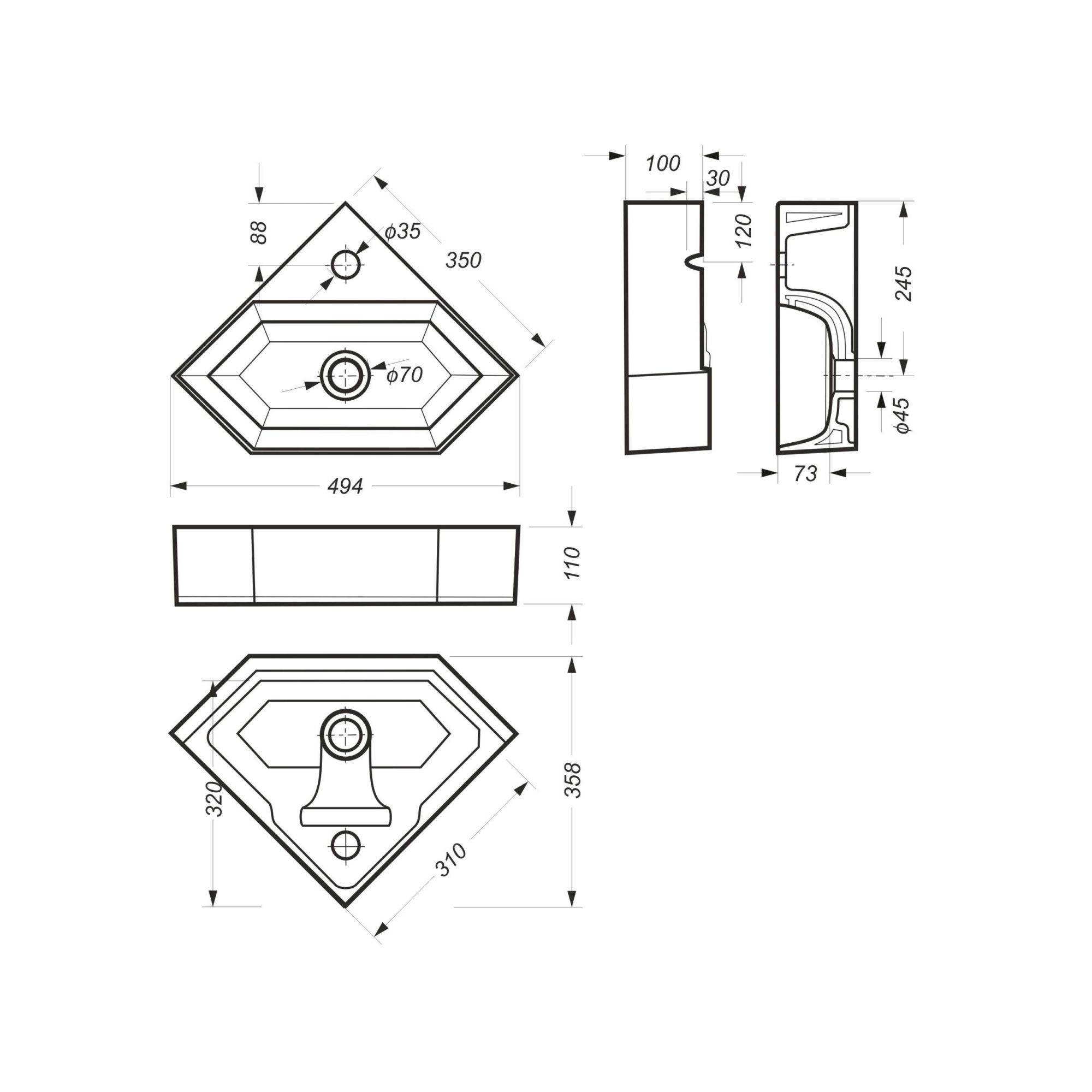 Раковина угловой 49,5x35,8 см Sanita luxe Line LIN35SLWB01 белый Раковина угловой 49,5x35,8 см Sanita luxe Line LIN35SLWB01 белый