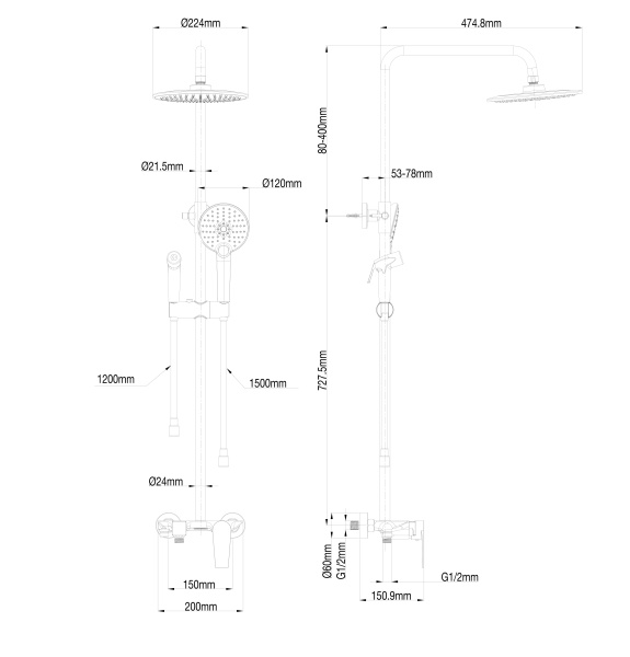 Душевая стойка и гигиеническим душем Wonzon & Woghand WW-A30874-MB черный матовый