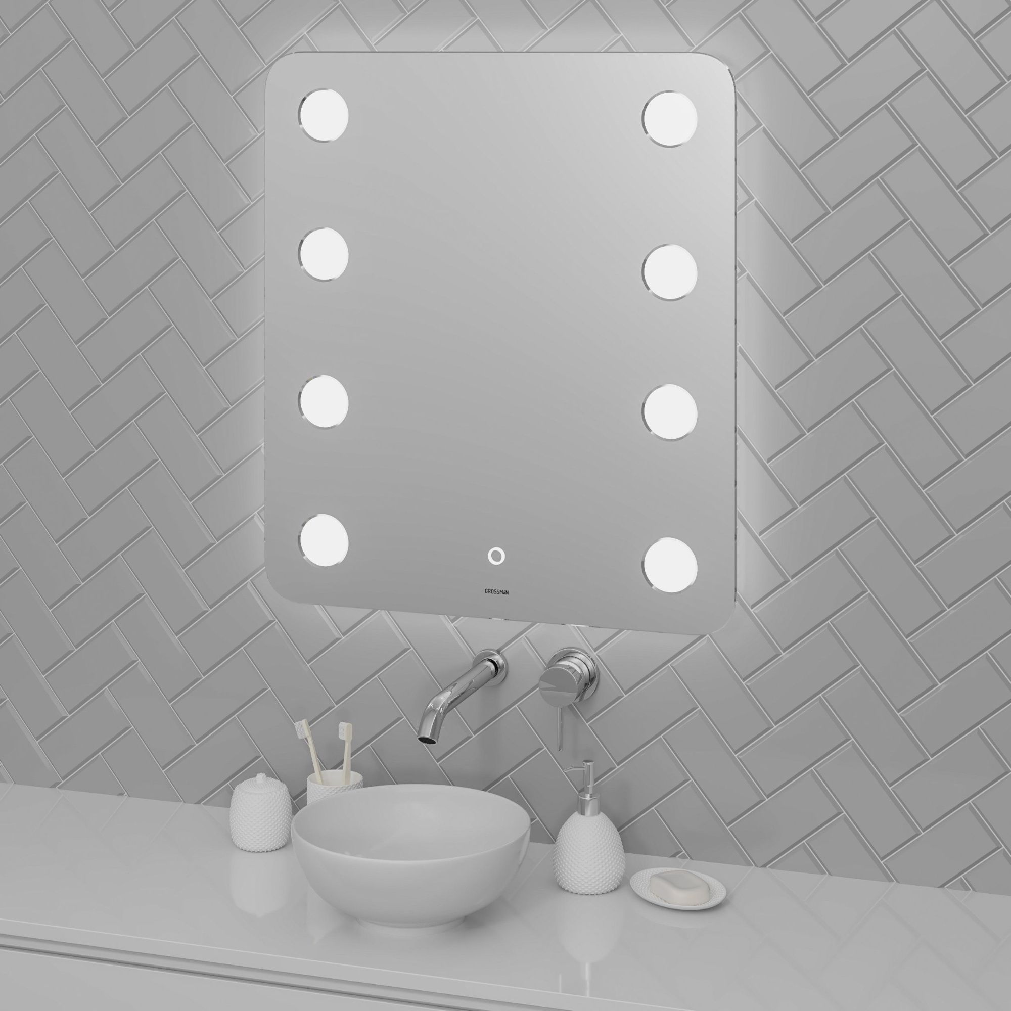 Зеркало GROSSMAN NEON 700*800*45 LED с сенсорным выключателем и гравировкой Зеркало GROSSMAN NEON 700*800*45 LED с сенсорным выключателем и гравировкой