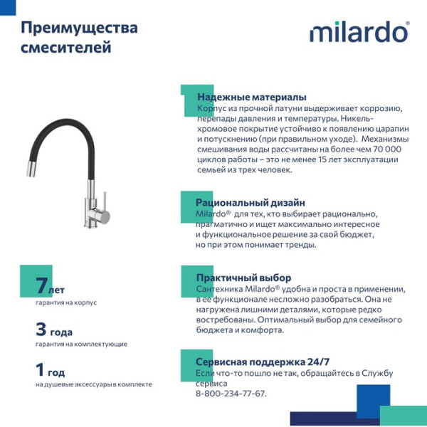 Смеситель для кухни с гибким изливом MILARDO Meal M01SB0FM05 хром Смеситель для кухни с гибким изливом MILARDO Meal M01SB0FM05 хром