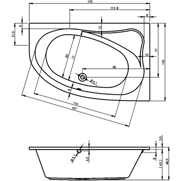 Ванна акриловая Riho Lyra 170x110 L B018001005