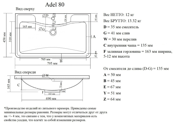 Мебельная раковина Madera Adel 4627173210249 80 см белая глянцевая