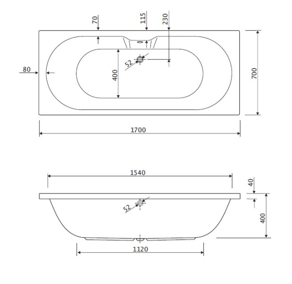 Ванна акриловая Cezares Calisto 170x70 CALISTO-170-70-45-W37