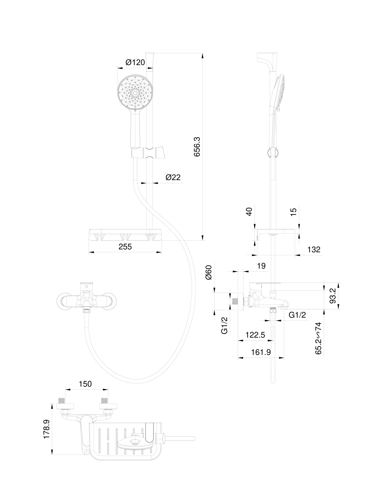 Смеситель для ванны с душем и гарнитуром Wonzon & Woghand Alfa WW-AE3201-MB черный матовый