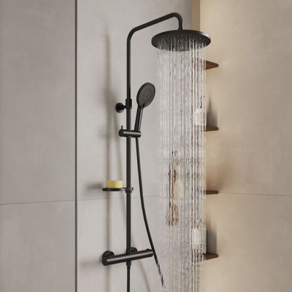 Смеситель термостатический для душа со стойкой и тропической лейкой Milardo Ideal Spa ILSBLTHM89 черный матовый Смеситель термостатический для душа со стойкой и тропической лейкой Milardo Ideal Spa ILSBLTHM89 черный матовый