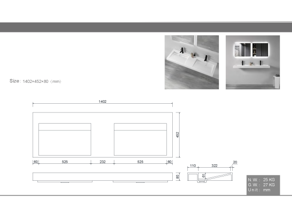 Столешница Armadi Art Flat 140 см 859-140-2 под раковину белая
