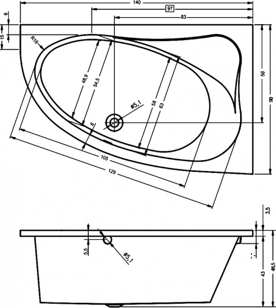 Ванна акриловая RIHO LYRA 140 L 140x90 BA6600500000000 Ванна акриловая RIHO LYRA 140 L 140x90 BA6600500000000