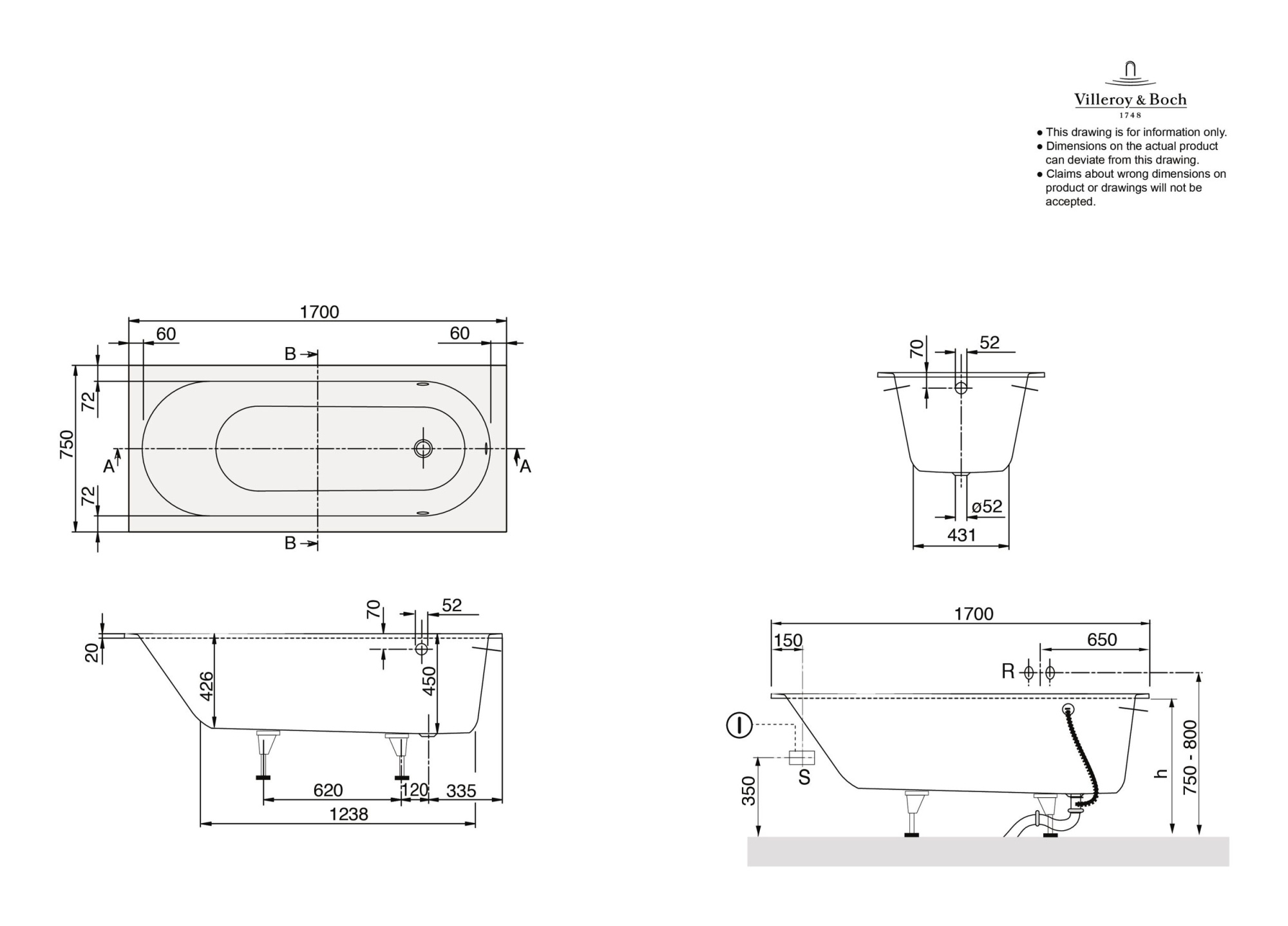Ванна квариловая Villeroy & Boch Oberon UBQ170OBE2V-01
