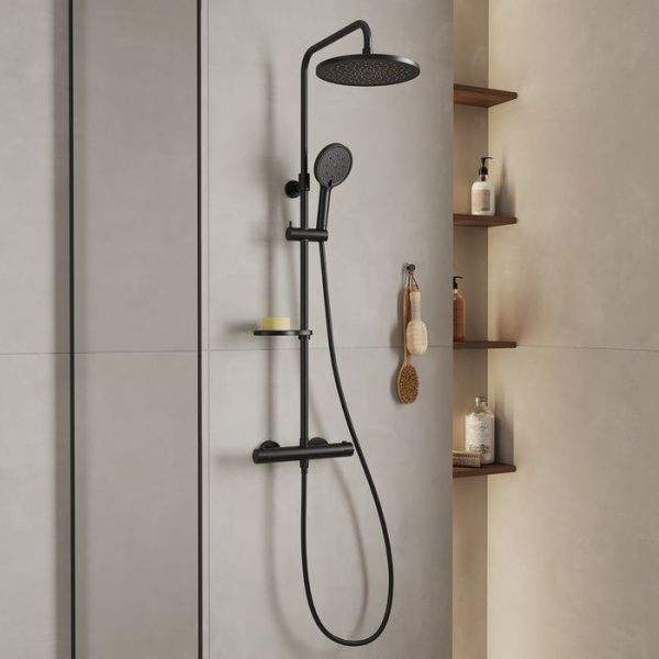 Смеситель термостатический для душа со стойкой и тропической лейкой Milardo Ideal Spa ILSBLTHM89 черный матовый Смеситель термостатический для душа со стойкой и тропической лейкой Milardo Ideal Spa ILSBLTHM89 черный матовый