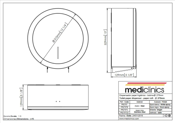 Диспенсер для туалетной бумаги Mediclinics INDUSTRIAL вместимость 400 м, Ø310x129 мм PR2787 Диспенсер для туалетной бумаги Mediclinics INDUSTRIAL вместимость 400 м, Ø310x129 мм PR2787