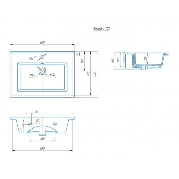 Мебельная раковина Kirovit Оскар 65 см 00-00001021 накладная