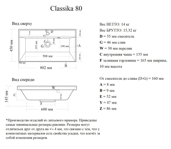 Раковина на тумбу Madera Classica 80x36 белая 4627173210188