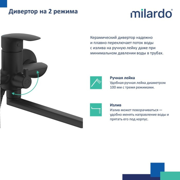 Смеситель для ванны с длинными изливом MILARDO Rora RORBL00M10 черный матовый Смеситель для ванны с длинными изливом MILARDO Rora RORBL00M10 черный матовый