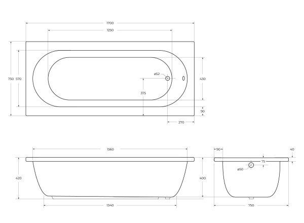 Ванна акриловая Cezares Piave 170x75 PIAVE-170-75-42-W37