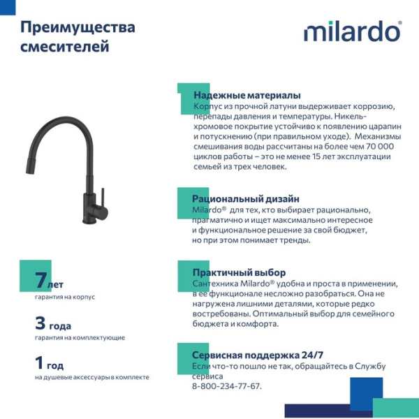 Смеситель для кухни с гибким изливом MILARDO Meal M01BL0FM05 черный матовый Смеситель для кухни с гибким изливом MILARDO Meal M01BL0FM05 черный матовый