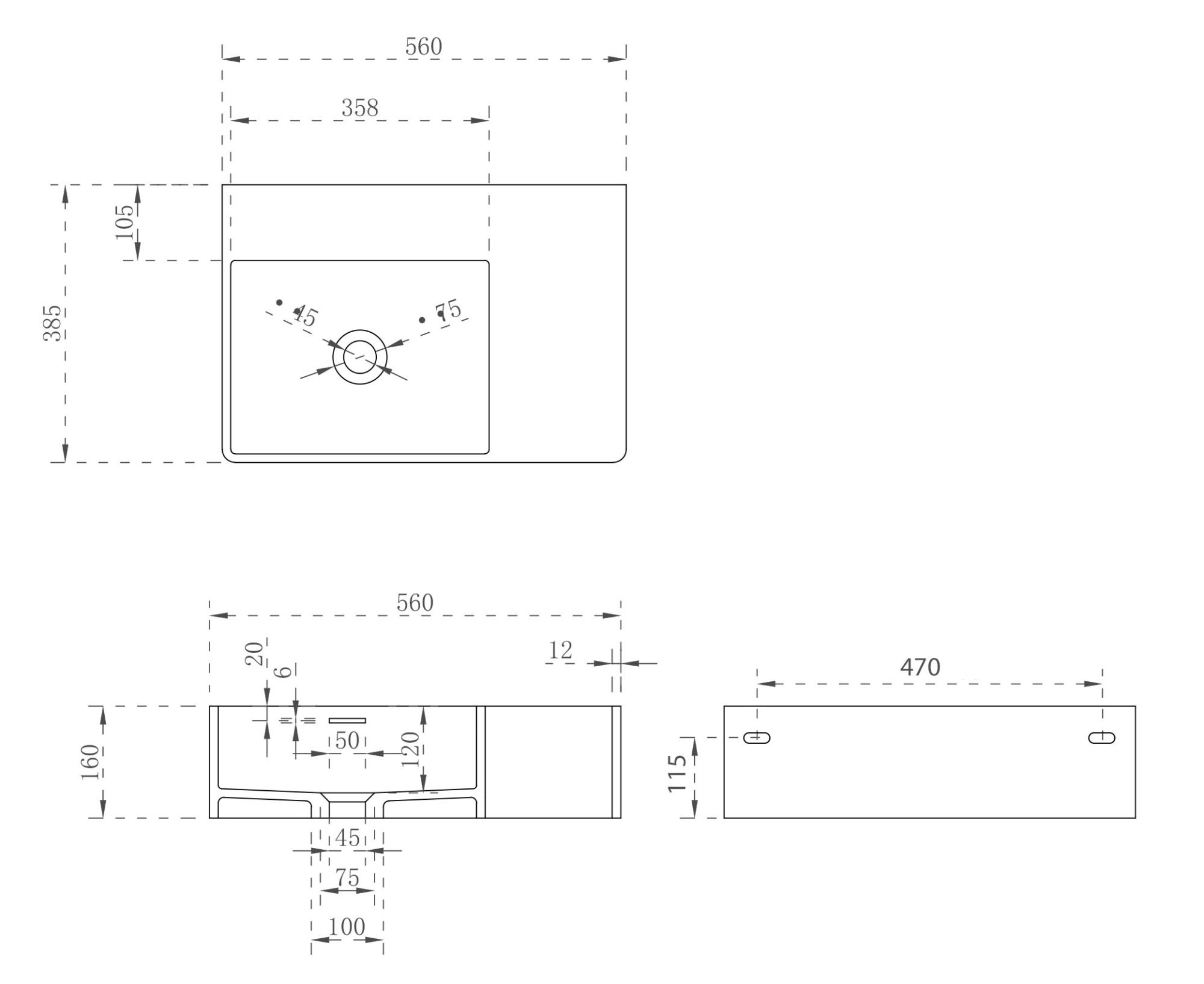 Раковина подвесная Abber Stein 55 см AS2644 L белая матовая