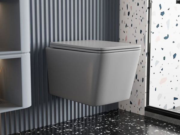 Унитаз подвесной безободковый ABBER Rechteck AC1201MG серый матовый с сиденьем Унитаз подвесной безободковый ABBER Rechteck AC1201MG серый матовый с сиденьем
