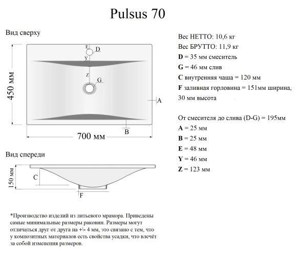 Мебельная раковина Madera Pulsus 4627173210485 70 см белая глянцевая