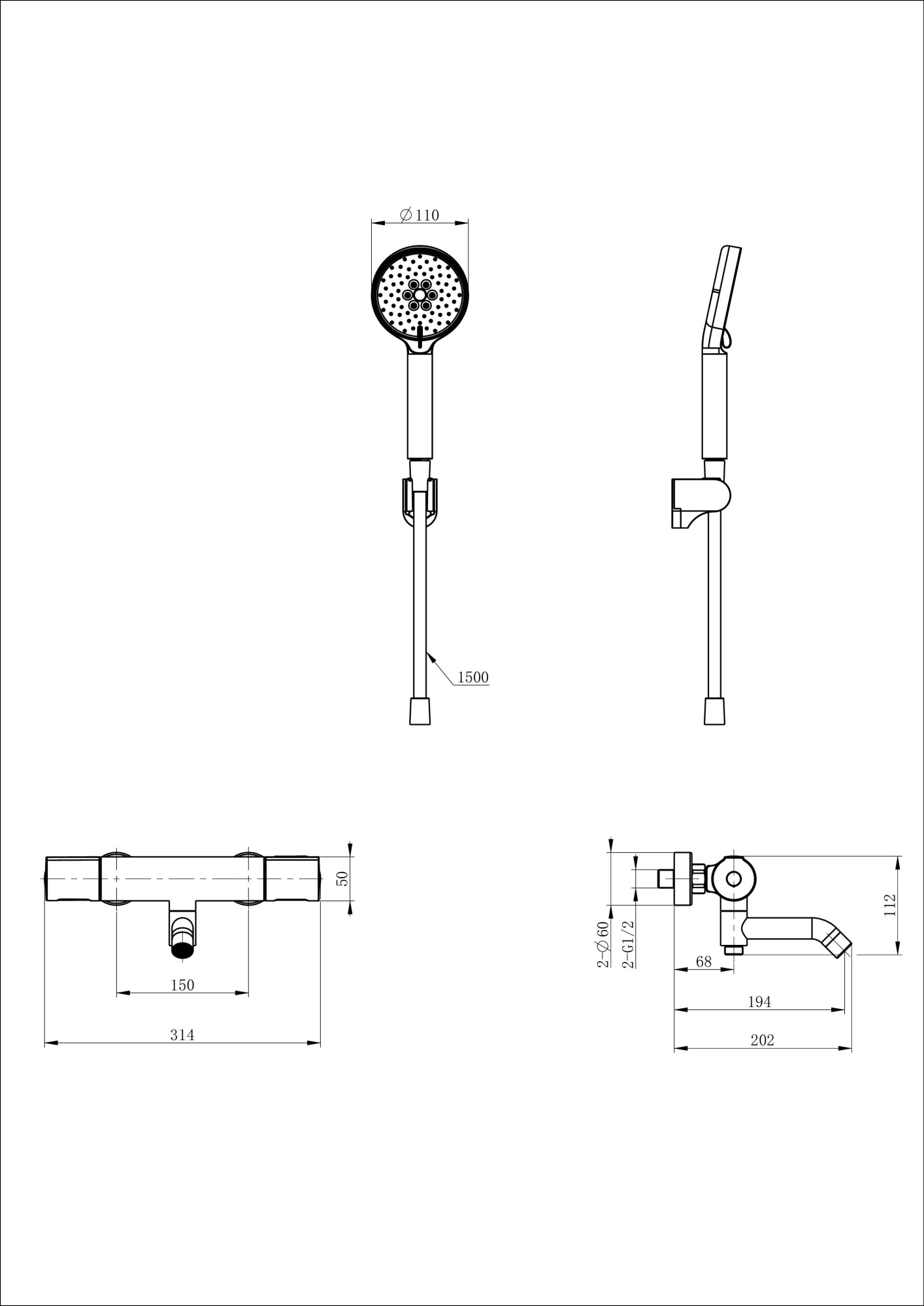 Смеситель для ванны с душем с термостатом и гарнитуром Wonzon & Woghand Inn 2 WW-A2006-A1-MB черный матовый