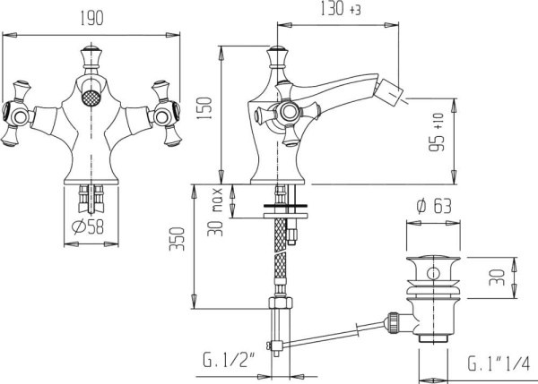Смеситель с донным клапаном Caprigo Monarch 41-030-oro для биде золото глянцевое