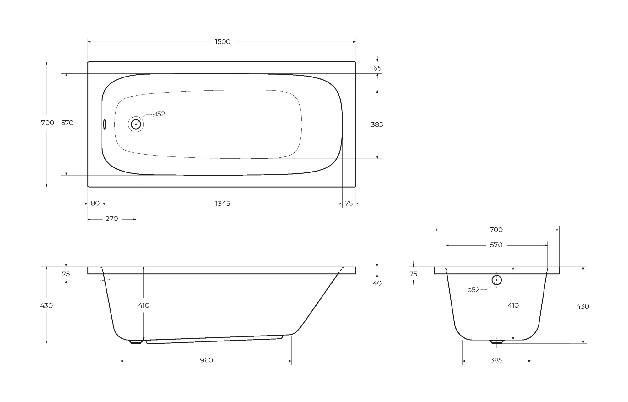 Ванна акриловая Cezares Eco 150x70 ECO-150-70-41-W37
