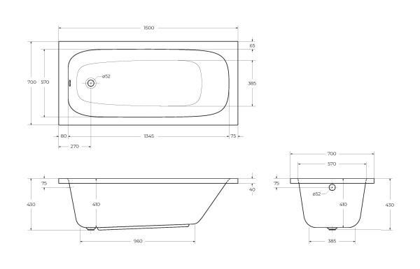 Ванна акриловая Cezares Eco 150x70 ECO-150-70-41-W37