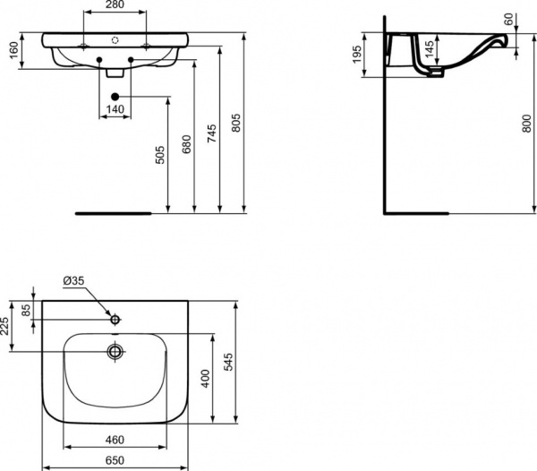 Раковина для инвалидов 65 см Ideal Standard CONTOUR S249901 Раковина для инвалидов 65 см Ideal Standard CONTOUR S249901