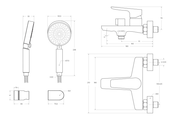 Смеситель для ванны с ручным душем, шлангом и держателем BelBagno Ancona ANCONA-VAS/DFS-CRM хром глянцевый